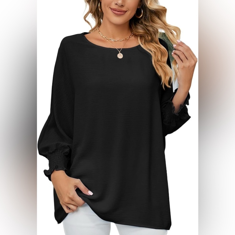 NWT-2XL Elegant Black Casual Oversized Smocked Long Sleeve with Smocked Cuffs